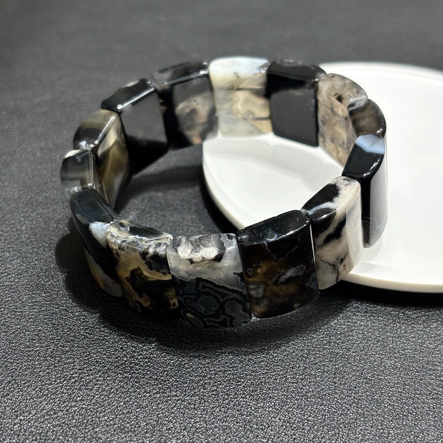 Black Flower Agate Bamboo Bracelet Closeup Natural Crystal Bangle Bracelet 21x14mm Square Stone 18cm Elastic Stretch Unisex Spiritual Reiki Jewelry Men Women Gift Gem's Twinkle