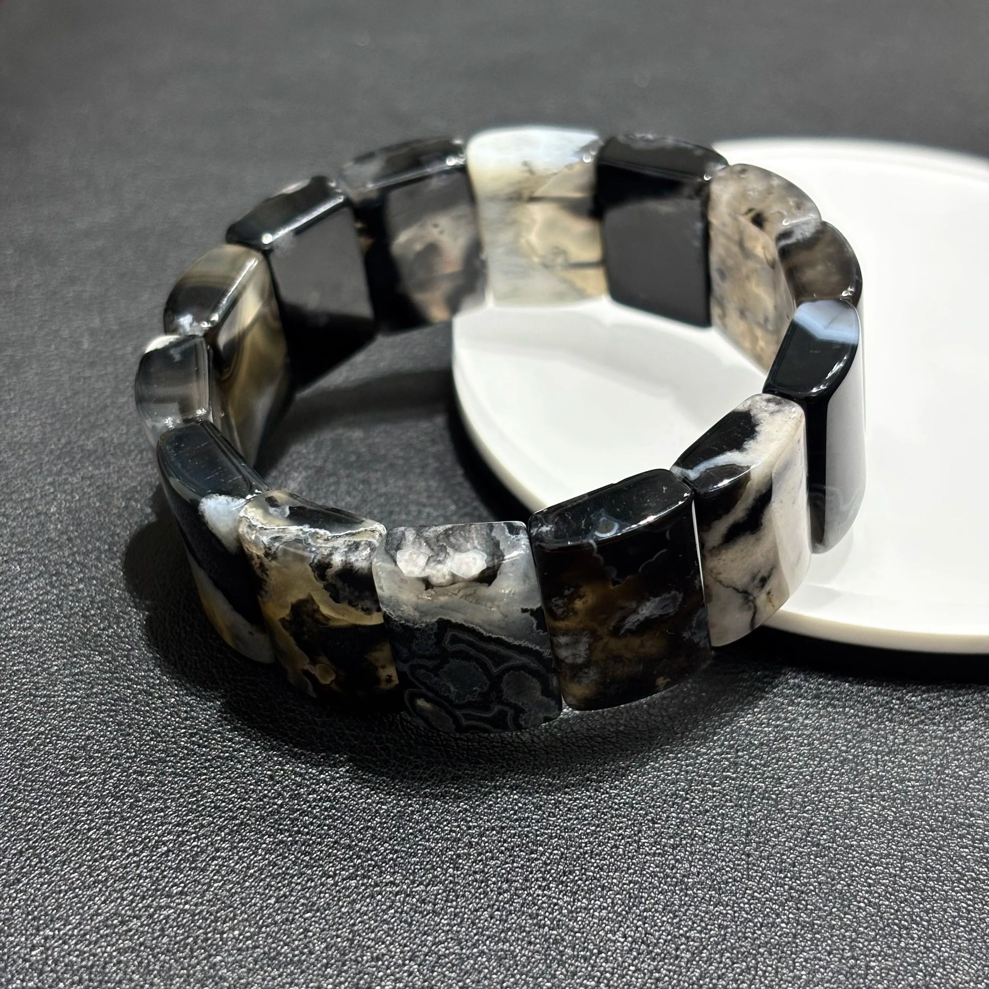Black Flower Agate Bamboo Bracelet Closeup Natural Crystal Bangle Bracelet 21x14mm Square Stone 18cm Elastic Stretch Unisex Spiritual Reiki Jewelry Men Women Gift Gem's Twinkle