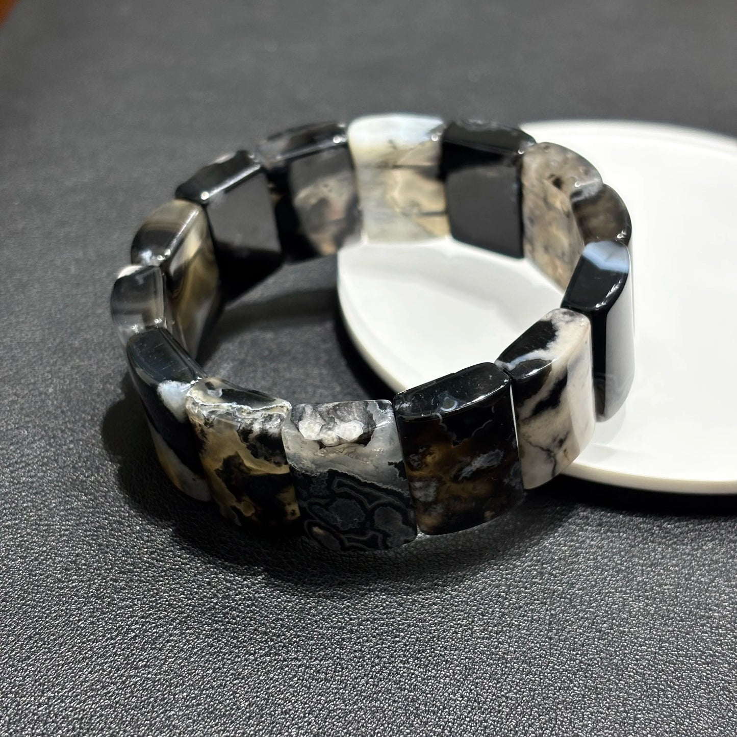 Black Flower Agate Bamboo Bracelet Detail Natural Crystal Bangle Bracelet 21x14mm Square Stone 18cm Elastic Stretch Unisex Spiritual Reiki Jewelry Men Women Gift Gem's Twinkle