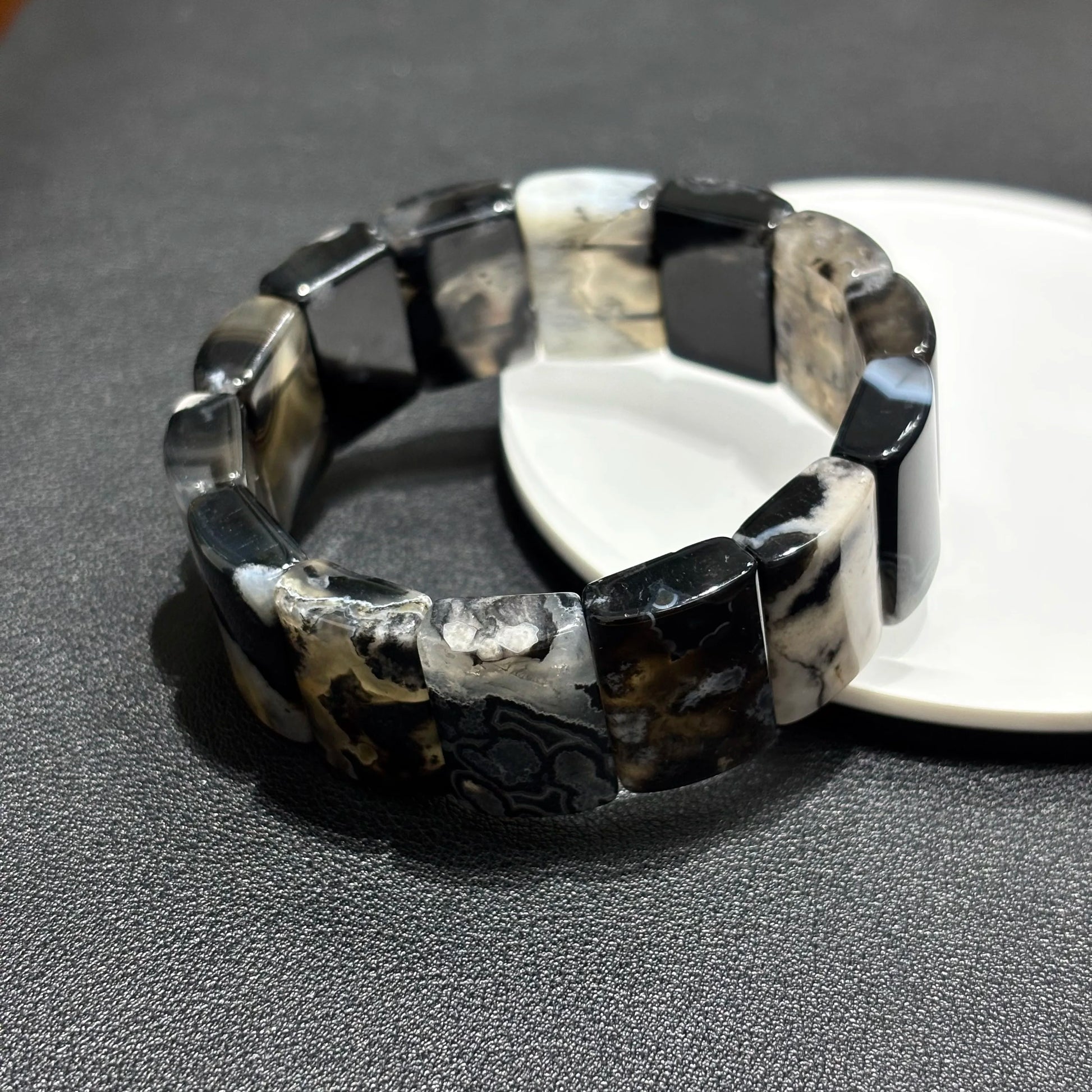 Black Flower Agate Bamboo Bracelet Detail Natural Crystal Bangle Bracelet 21x14mm Square Stone 18cm Elastic Stretch Unisex Spiritual Reiki Jewelry Men Women Gift Gem's Twinkle