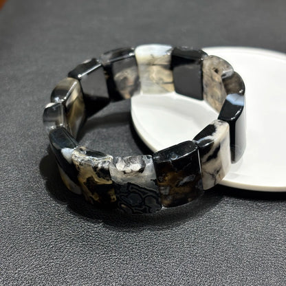 Black Flower Agate Bamboo Bracelet Detail Natural Crystal Bangle Bracelet 21x14mm Square Stone 18cm Elastic Stretch Unisex Spiritual Reiki Jewelry Men Women Gift Gem's Twinkle