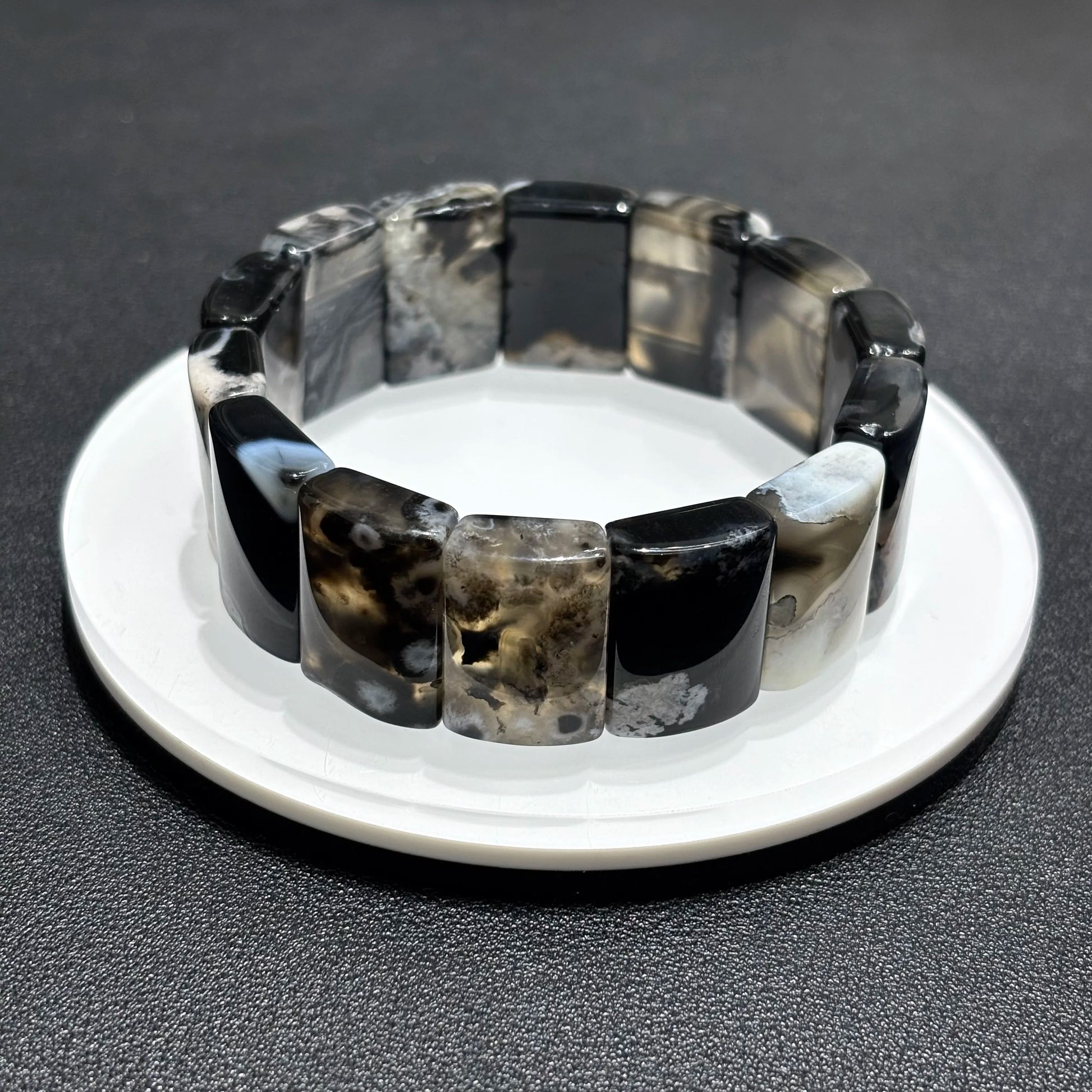 Black Flower Agate Bamboo Bracelet Single Natural Crystal Bangle Bracelet 21x14mm Square Stone 18cm Elastic Stretch Unisex Spiritual Reiki Jewelry Men Women Gift Gem's Twinkle