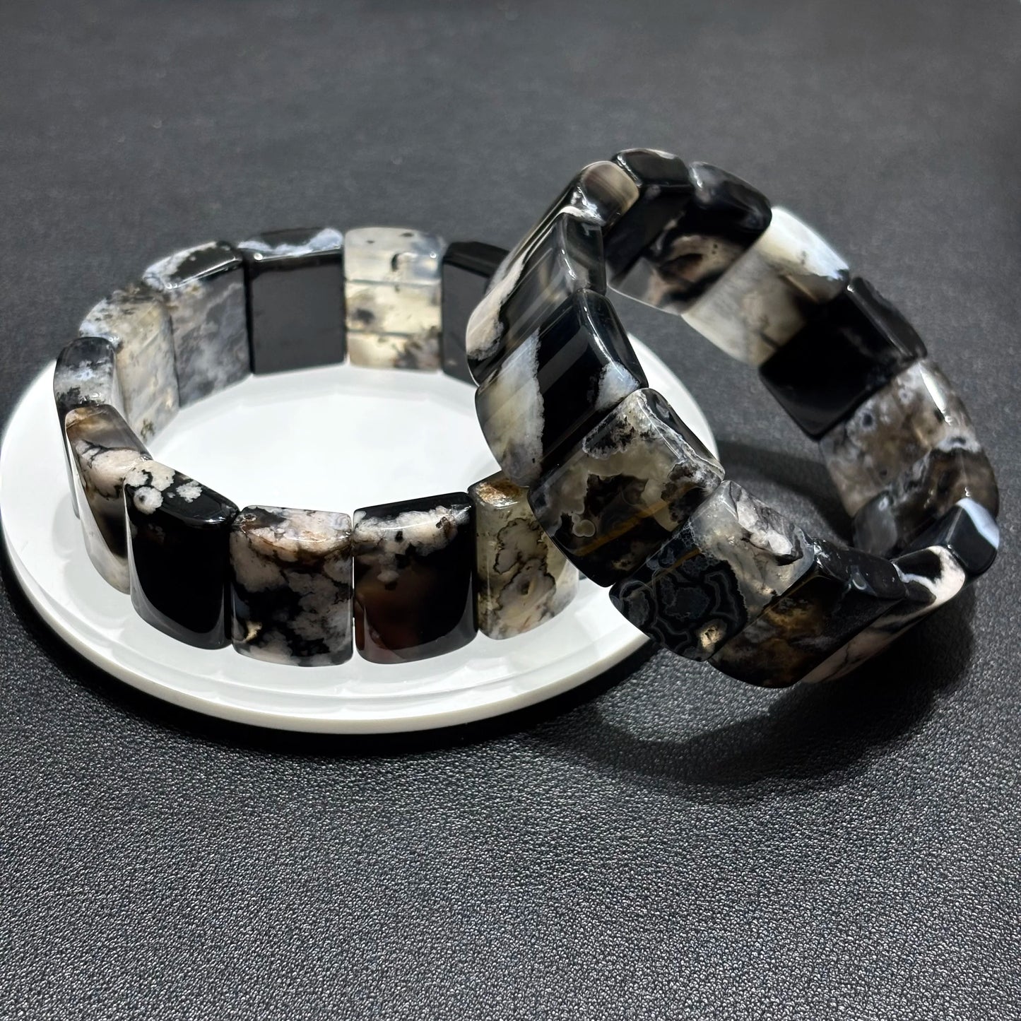 Black Flower Agate Bamboo Bracelet Stack Natural Crystal Bangle Bracelet 21x14mm Square Stone 18cm Elastic Stretch Unisex Spiritual Reiki Jewelry Men Women Gift Gem's Twinkle