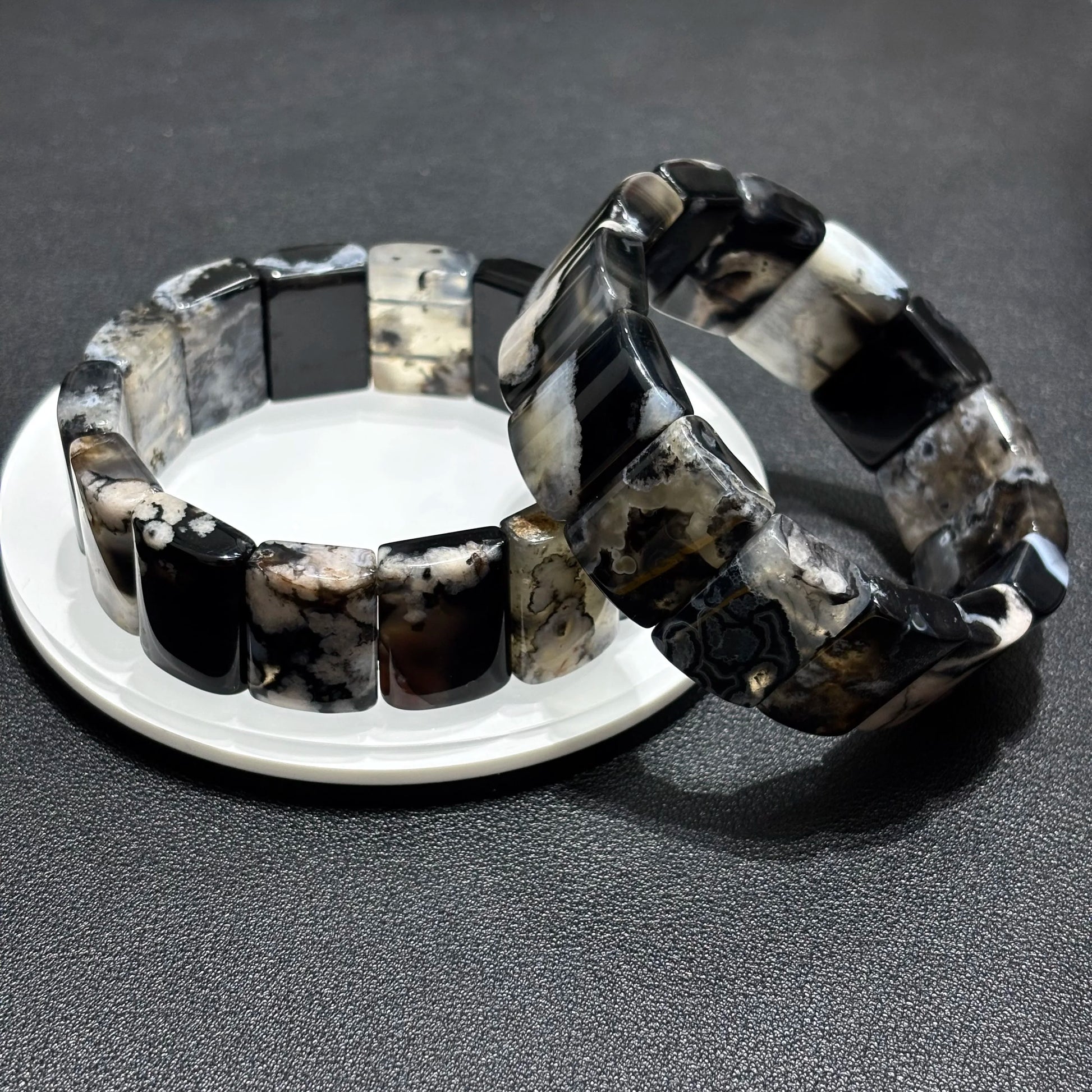 Black Flower Agate Bamboo Bracelet Stack Natural Crystal Bangle Bracelet 21x14mm Square Stone 18cm Elastic Stretch Unisex Spiritual Reiki Jewelry Men Women Gift Gem's Twinkle
