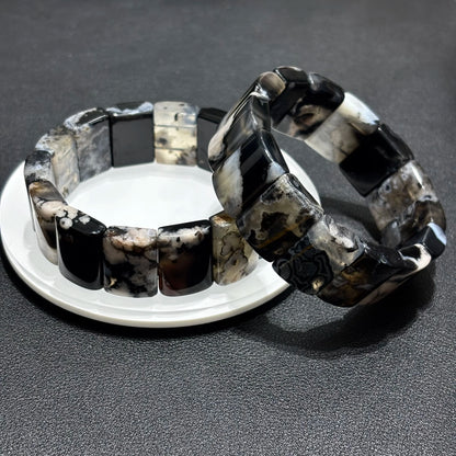Black Flower Agate Bamboo Bracelet Stack Natural Crystal Bangle Bracelet 21x14mm Square Stone 18cm Elastic Stretch Unisex Spiritual Reiki Jewelry Men Women Gift Gem's Twinkle