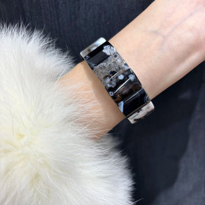 Black Flower Agate Bracelet on Wrist Natural Crystal Bangle Bracelet 21x14mm Square Stone 18cm Elastic Stretch Unisex Spiritual Reiki Jewelry Men Women Gift Gem's Twinkle
