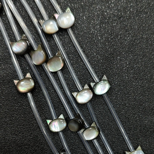 Black mother of pearl mini kitty head carved loose beads full strand
