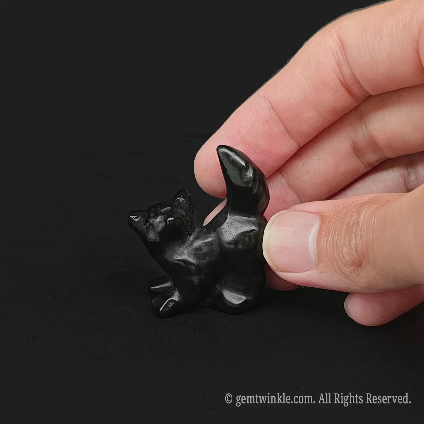 Glossy Black Obsidian kawaii desk pet puppy sculpture showing deep black reflective tones for metaphysical retail display