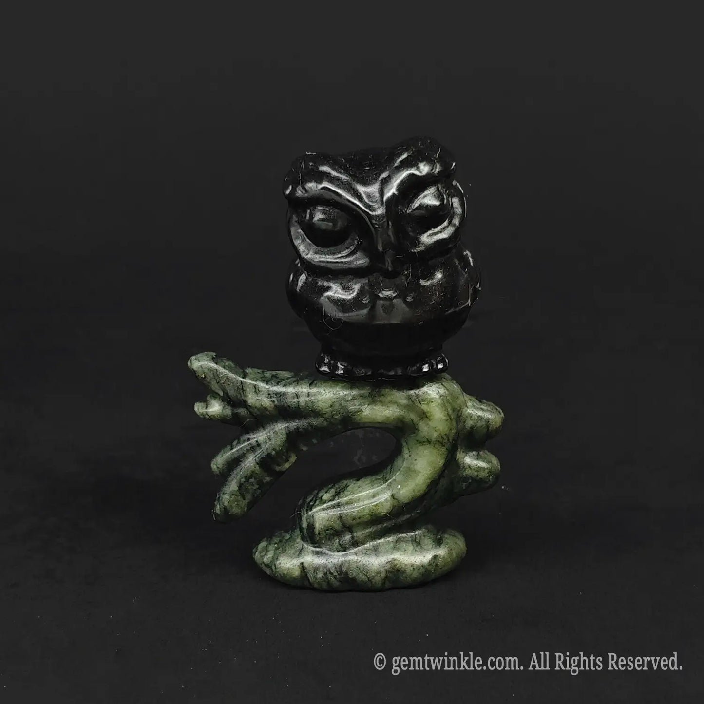 Black obsidian owl figurine on a green branch symbolizing protection and wisdom