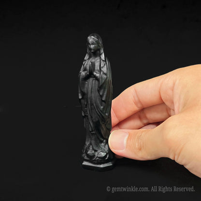 A sleek and glossy 10cm black obsidian Virgin Mary praying statue for gothic altar decor