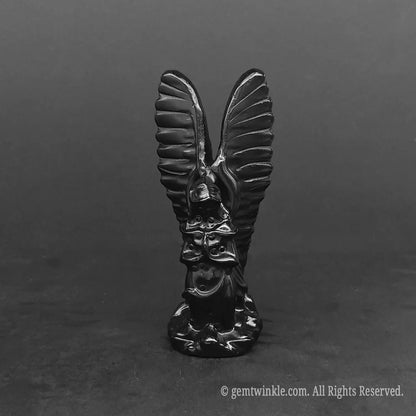 Glossy black obsidian protection angel wings figurine for modern gothic or metaphysical home styling