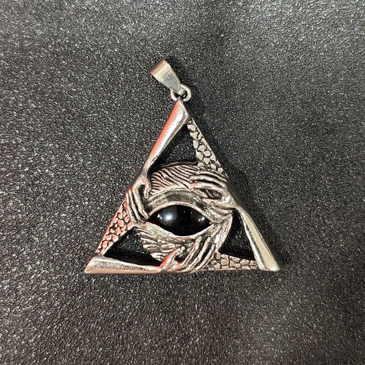Black obsidian round cabochon set in antique silver triangle metal frame with eye motif