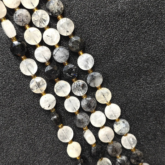 Strands of natural black rutilated quartz faceted coin beads in flat disc shape