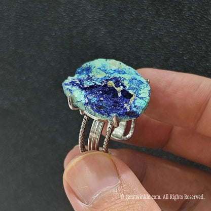 Blue azurite malachite slice statement ring top view on finger displaying 25-35mm raw mineral specimen slice