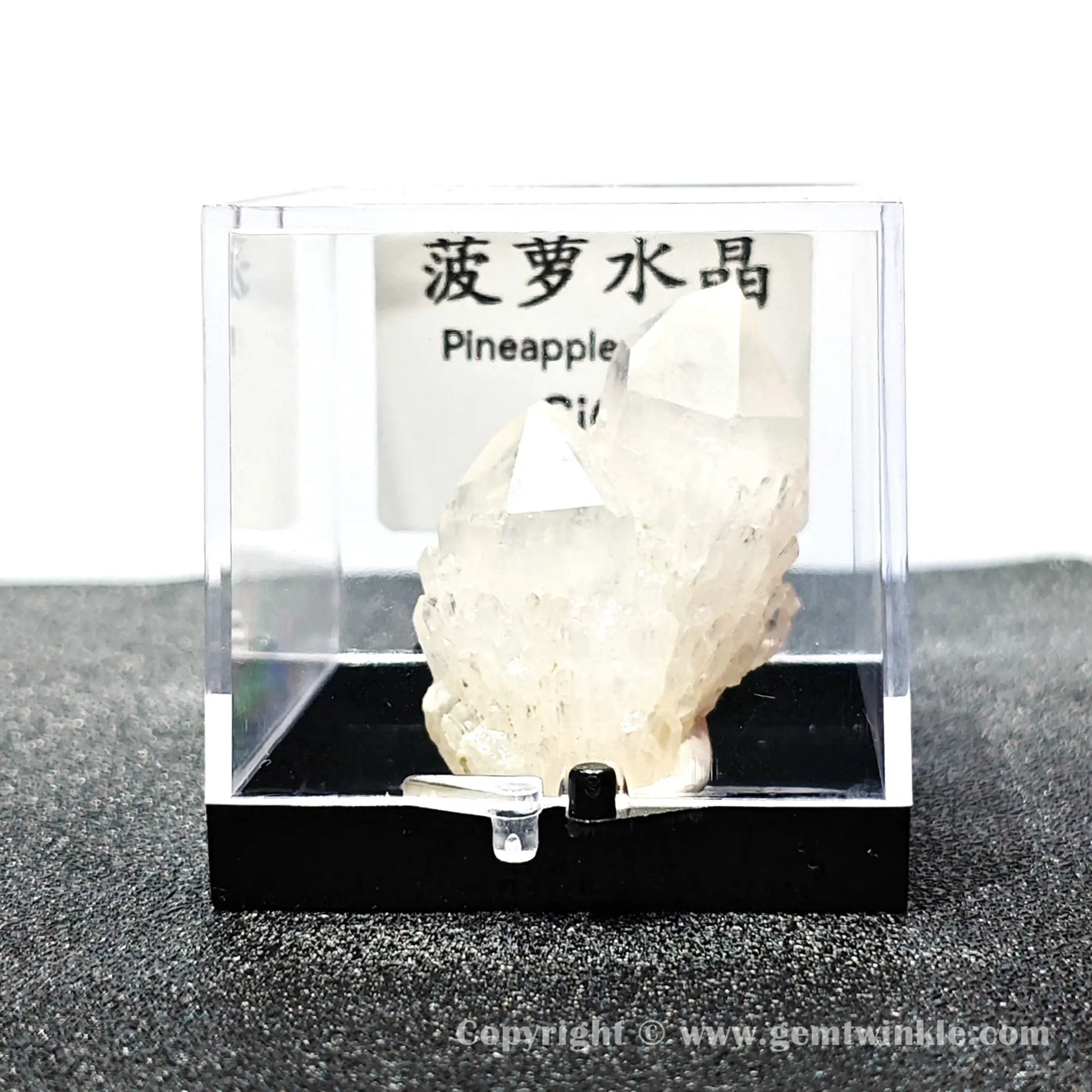 Straight front view highlighting snow-white crystal termination and protective acrylic casing