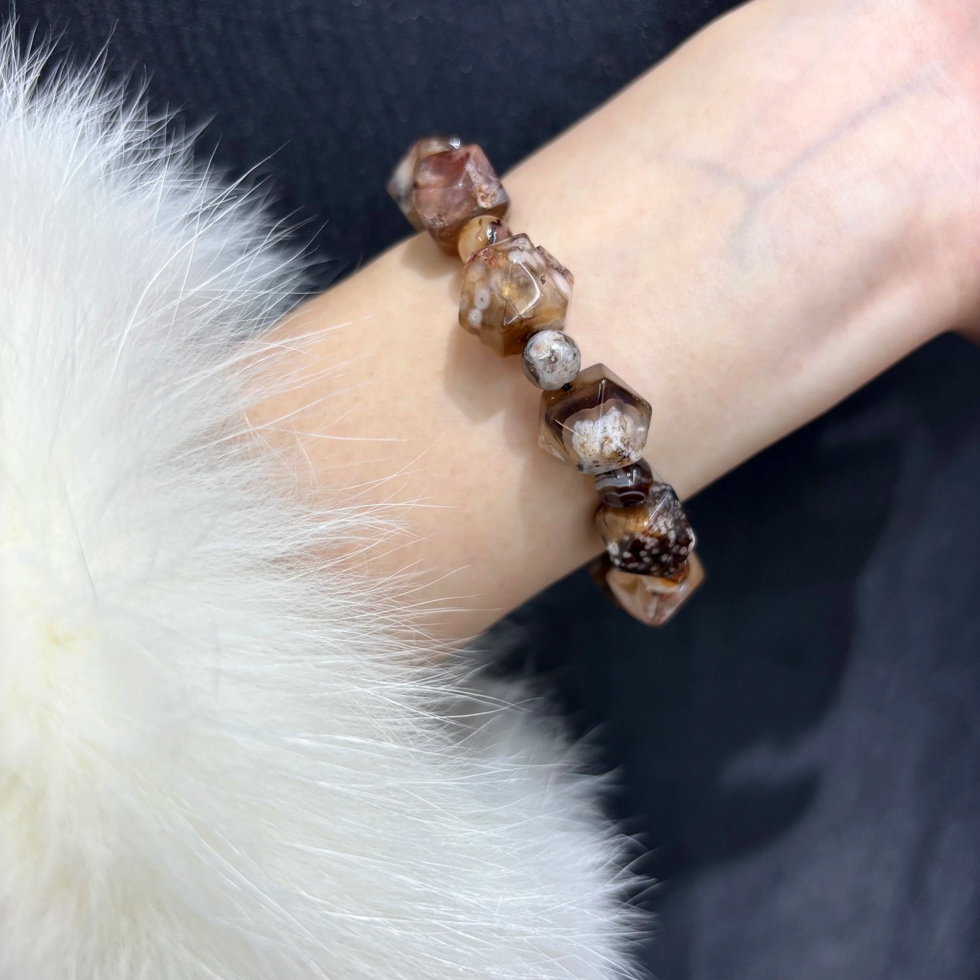 Brown Sakura Agate Bracelet on Wrist