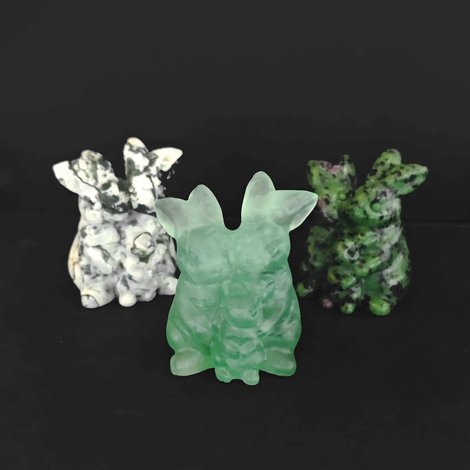 Bulk inventory selection of earth mined moss agate green fluorite and ruby zoisite rabbit family of three carvings 6cm from Gems Twinkle