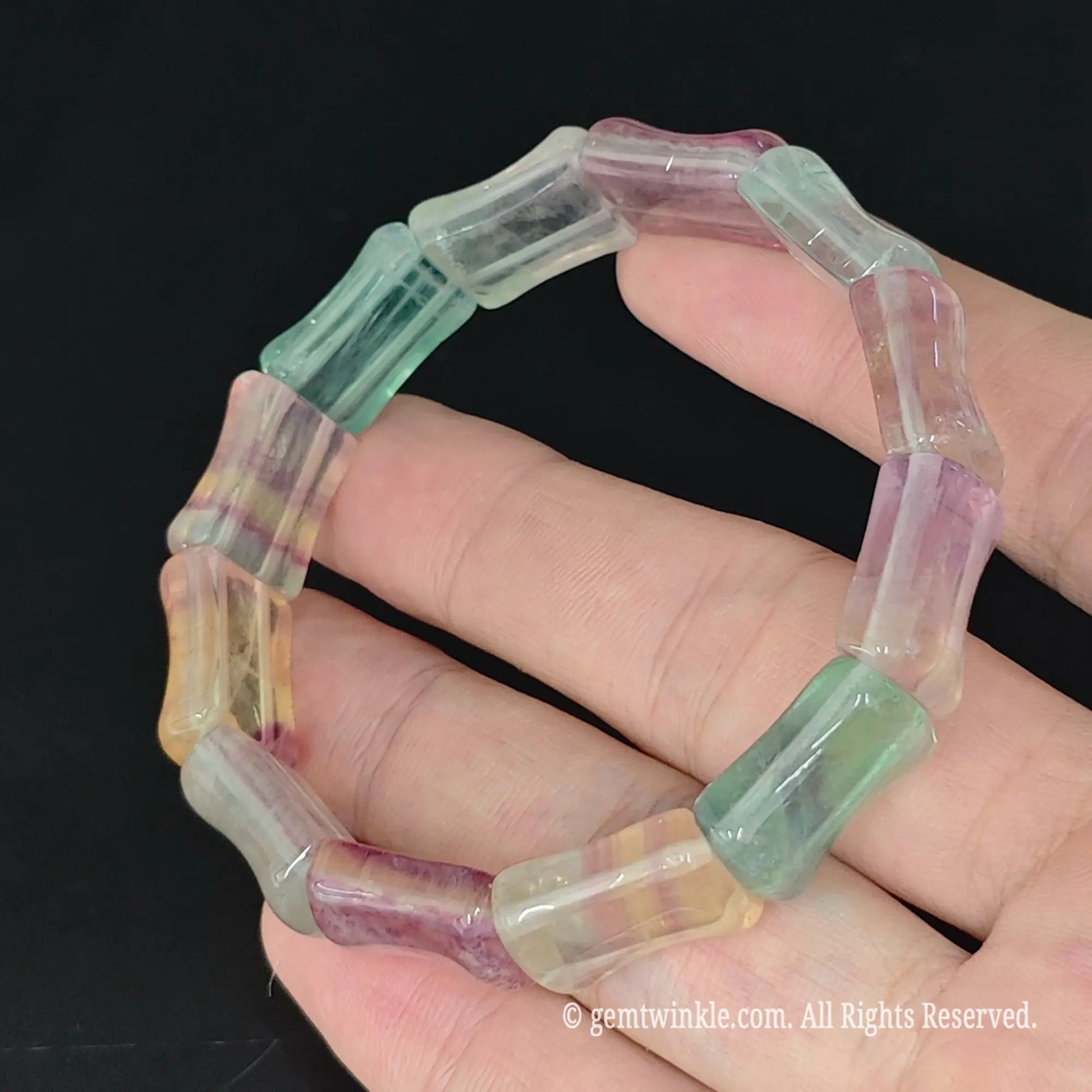 translucent purple green fluorite bamboo shape bead stretch bracelet top view