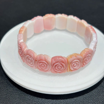 Carved Rose Design on Pink Conch Shell Bracelet