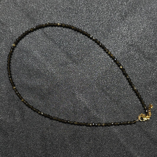 Gold Sheen Obsidian gemstone collar necklace featuring 3mm micro faceted beads and gold extension chain