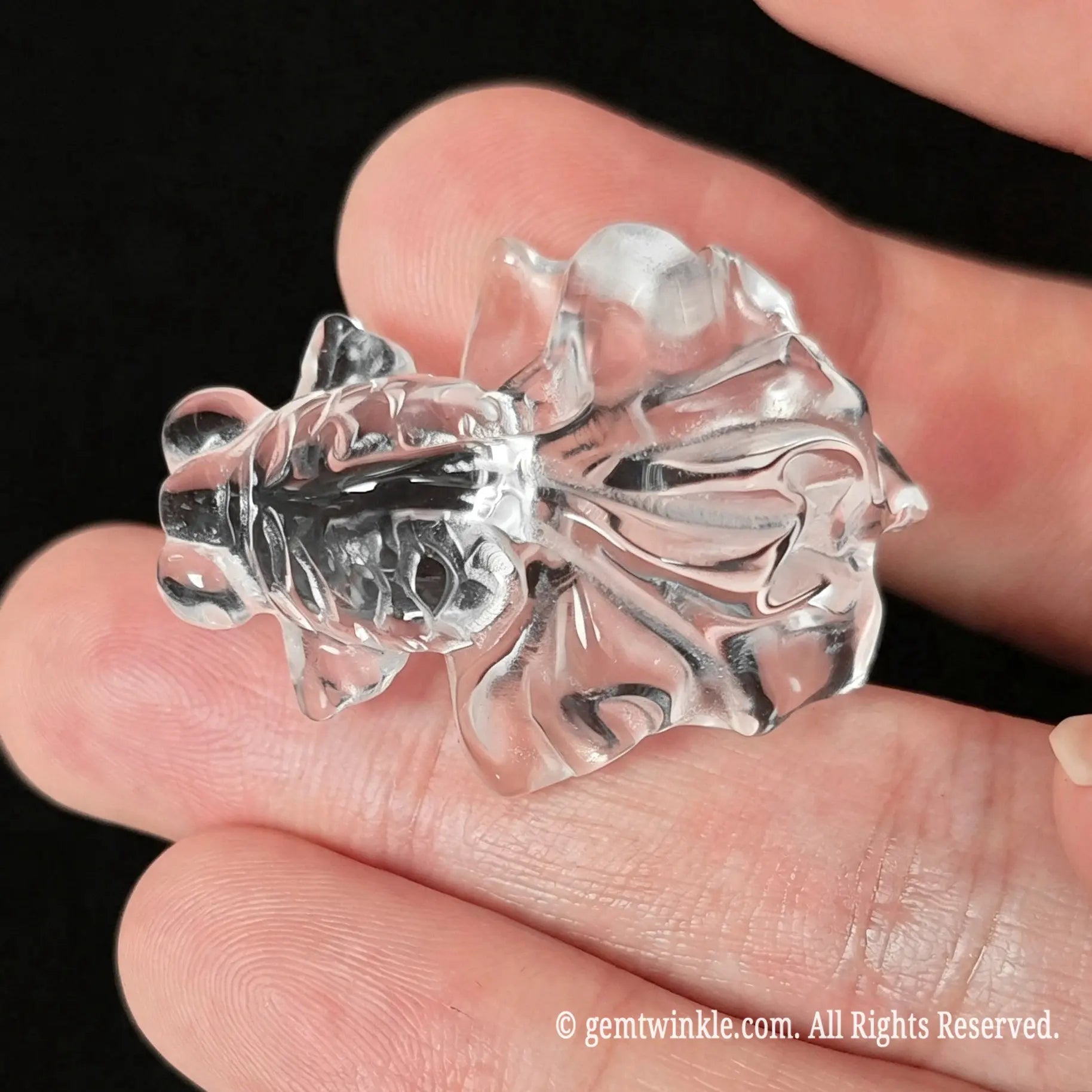 Back view of 30mm carved clear quartz goldfish held on palm highlighting smooth edge polishing and light reflection