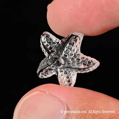 Close up view of translucent clear quartz sea star carving showing light refraction and fine surface texture