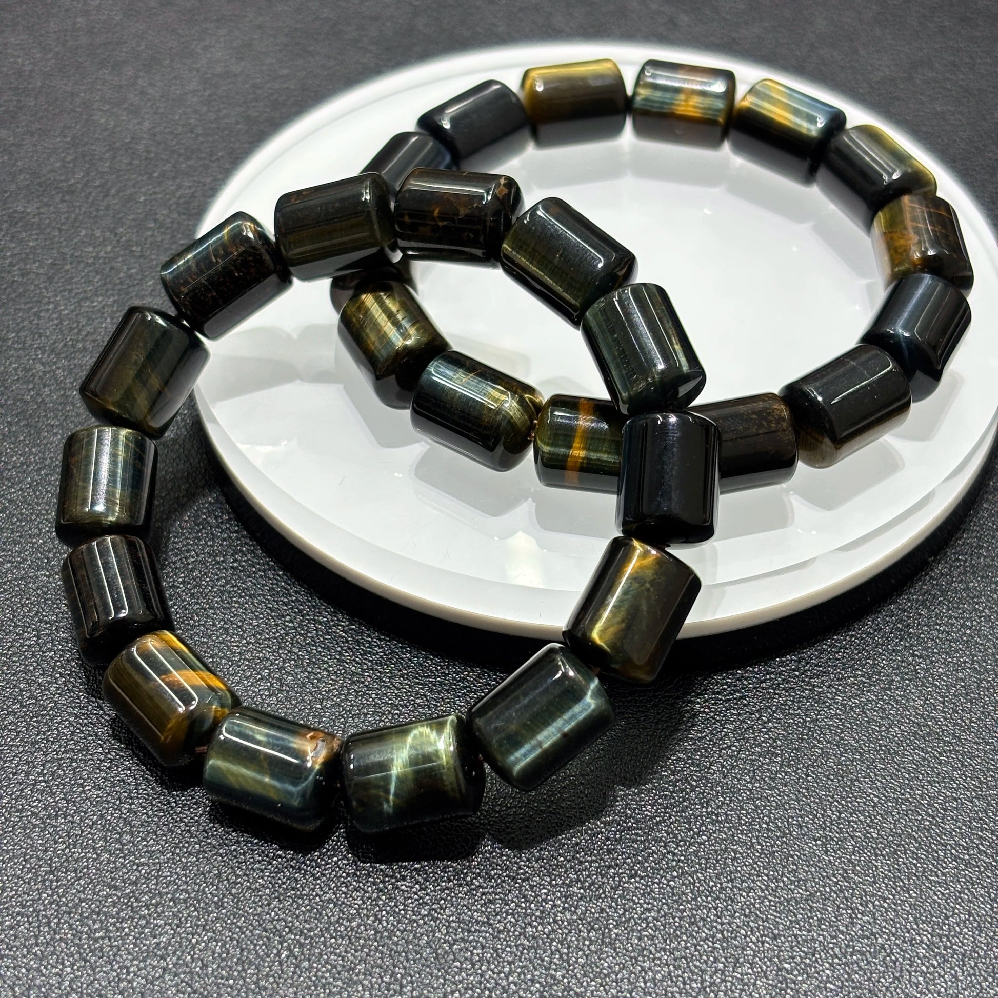 Close-up of Natural Yellow Blue Tiger Eye Cylinder Bead Bracelet, 18cm Stretch, Elegant Boho Jewelry, Lucky Souvenir Gift