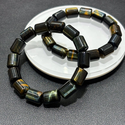 Close-up of Natural Yellow Blue Tiger Eye Cylinder Bead Bracelet, 18cm Stretch, Elegant Boho Jewelry, Lucky Souvenir Gift