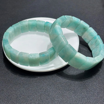 Close-up view of the Natural Amazonite Bangle, focusing on the geometric square bead shape and natural stone patterns.