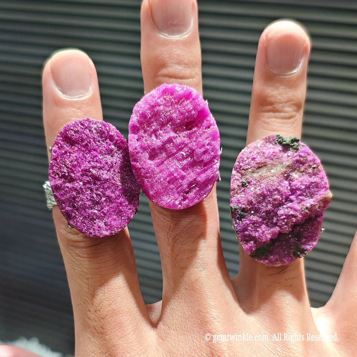 cobaltocalcite raw mineral druzy statement rings displaying natural pink micro crystals
