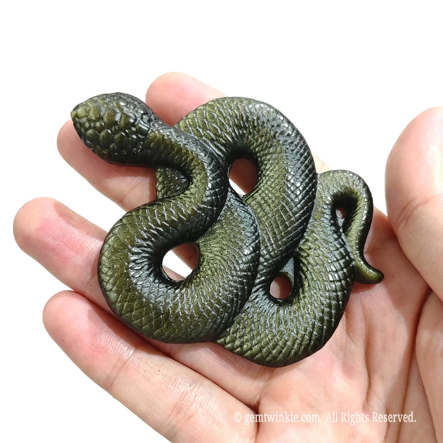 Angled view of coiled serpent statue in gold sheen obsidian displaying 3D body structure and scale carving
