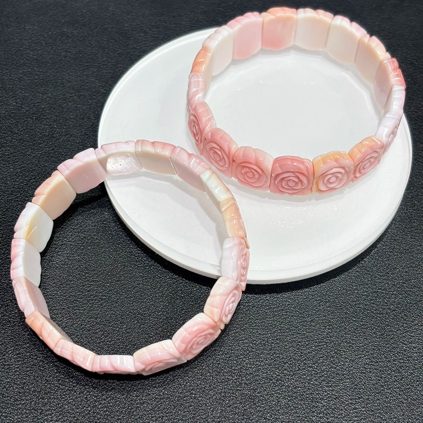 Detail of Carved Rose on Pink Conch Shell Bracelet