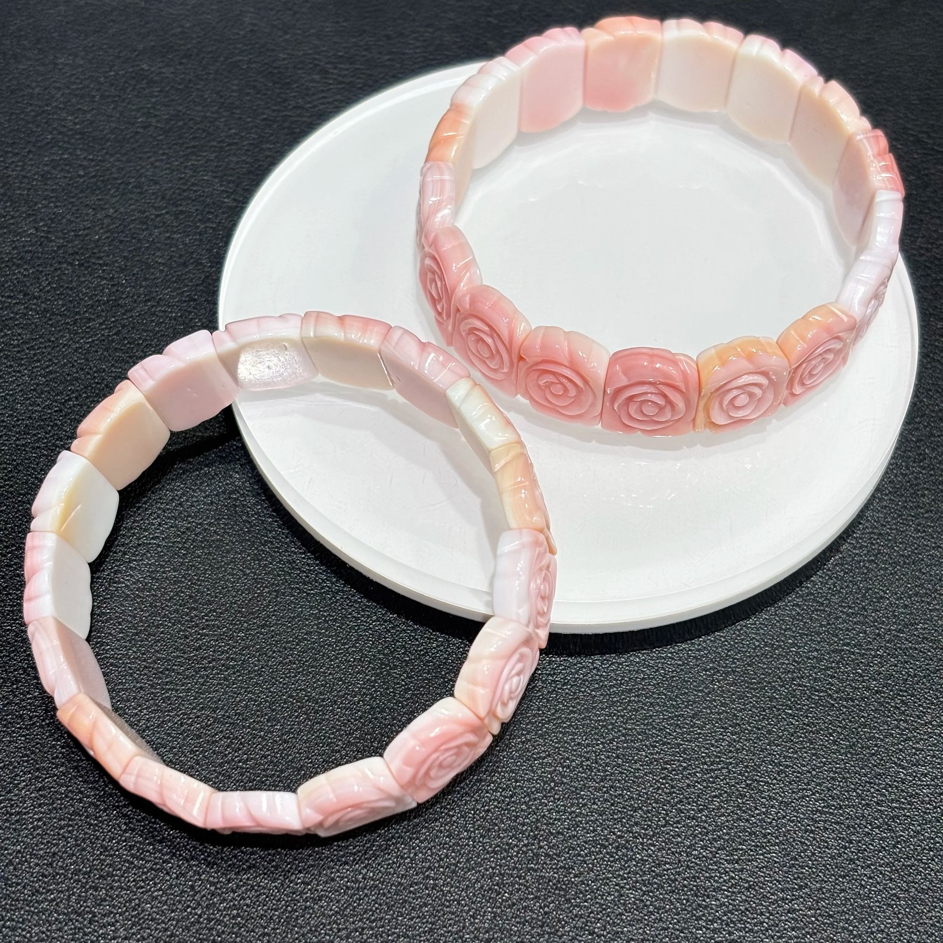 Detail of Carved Rose on Pink Conch Shell Bracelet