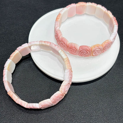 Detail of Carved Rose on Pink Conch Shell Bracelet