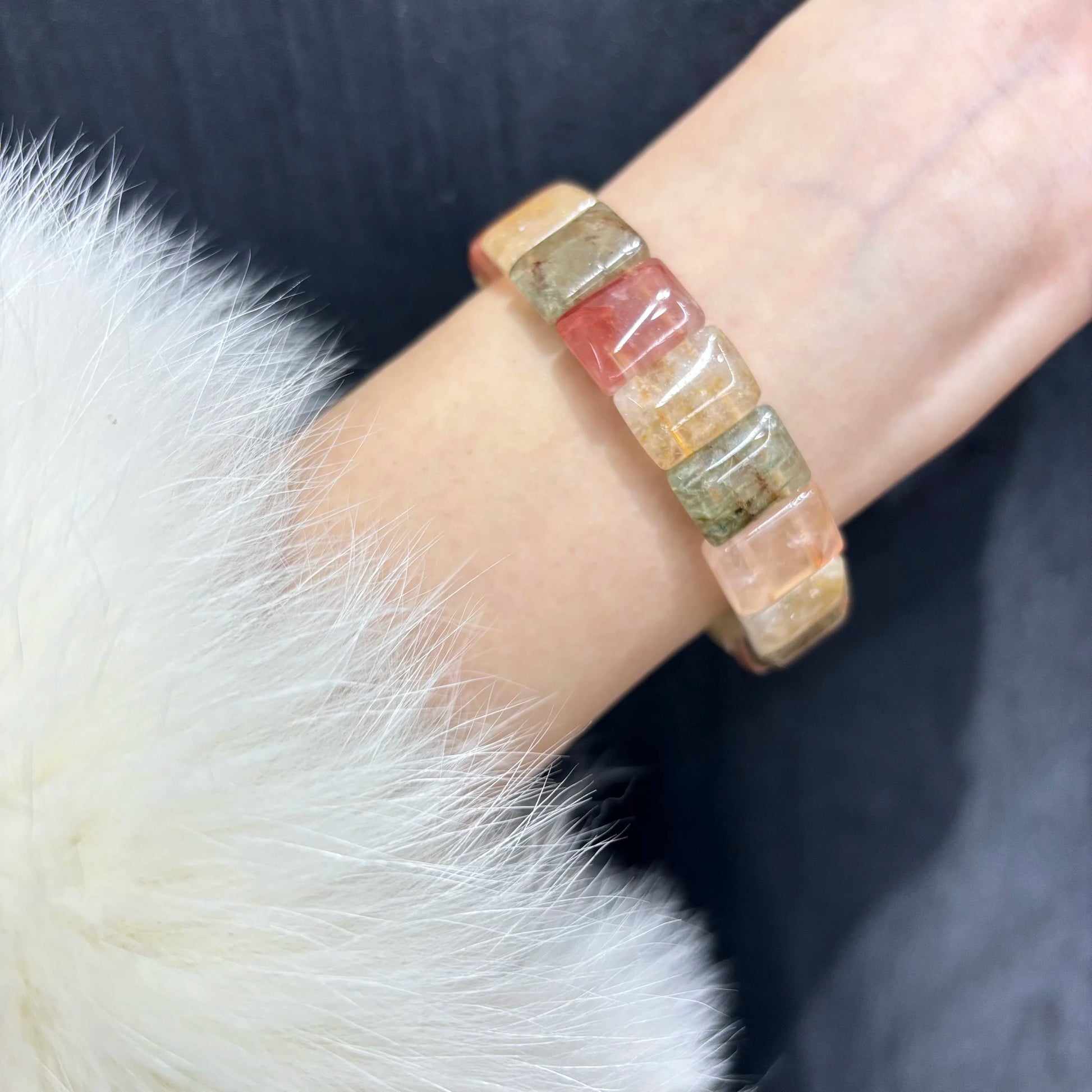 Cute Boho Rabbit Fur Quartz Bracelet, Lovely Gift for Bestie, Unique Pattern Stone, 18cm Elastic Stretch, Trendy Jewelry