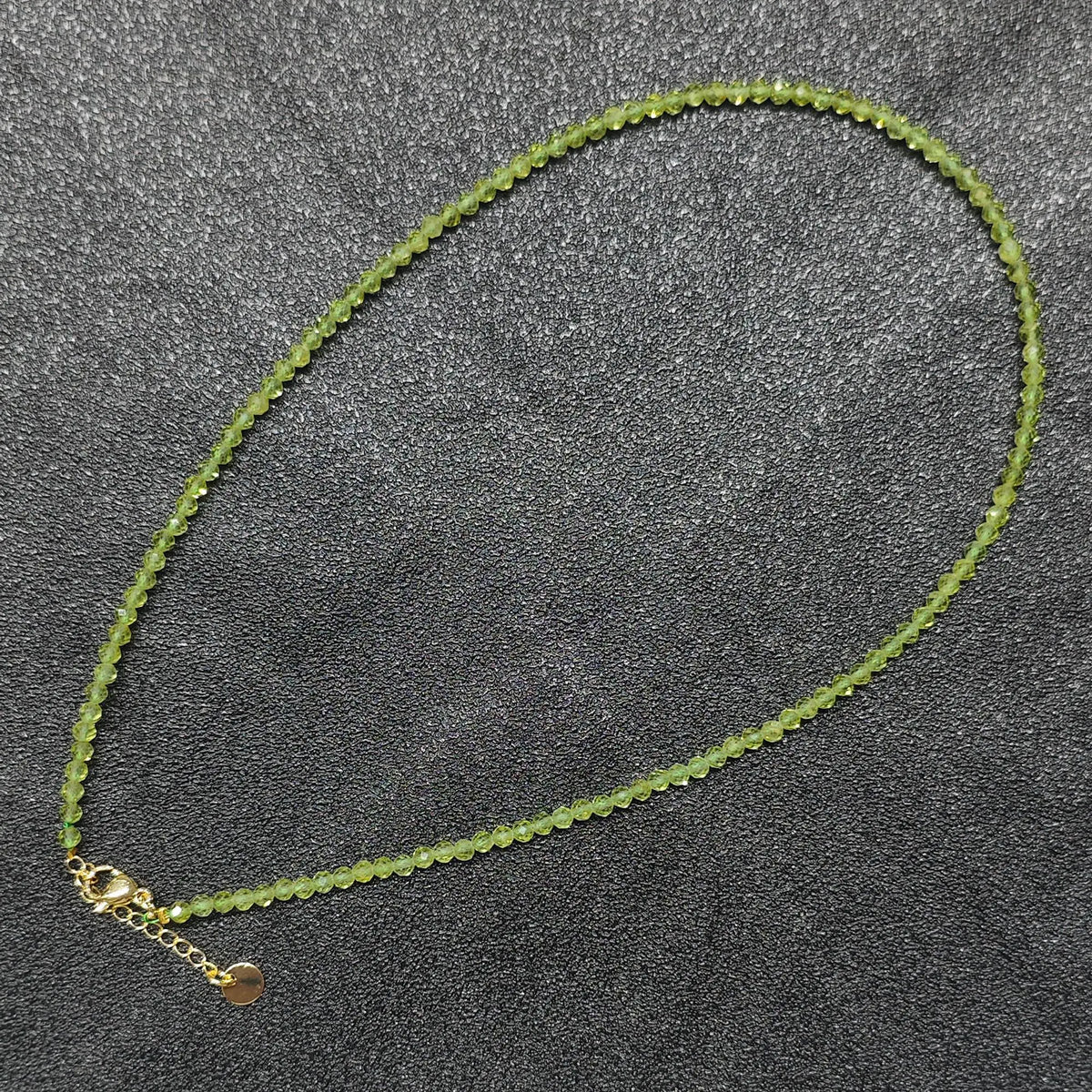 Dainty green peridot gemstone necklace with 3mm micro faceted beads and gold extender chain for women layering jewelry