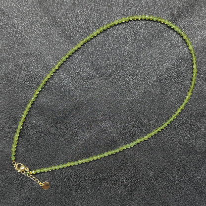 Dainty green peridot gemstone necklace with 3mm micro faceted beads and gold extender chain for women layering jewelry