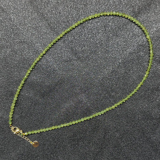 Dainty green peridot gemstone necklace with 3mm micro faceted beads and gold extender chain for women layering jewelry