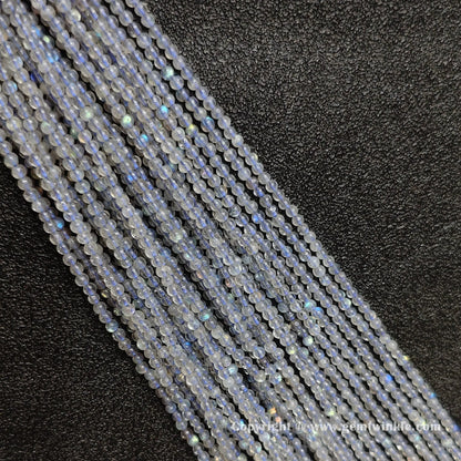 Parallel row arrangement of dainty 2-4mm natural grey blue moonstone round strands with glossy polish