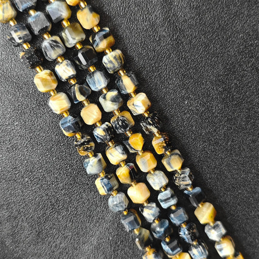 Full strands of natural dreamy tiger eye square block beads featuring multi-color chatoyant bands for wholesale buyers