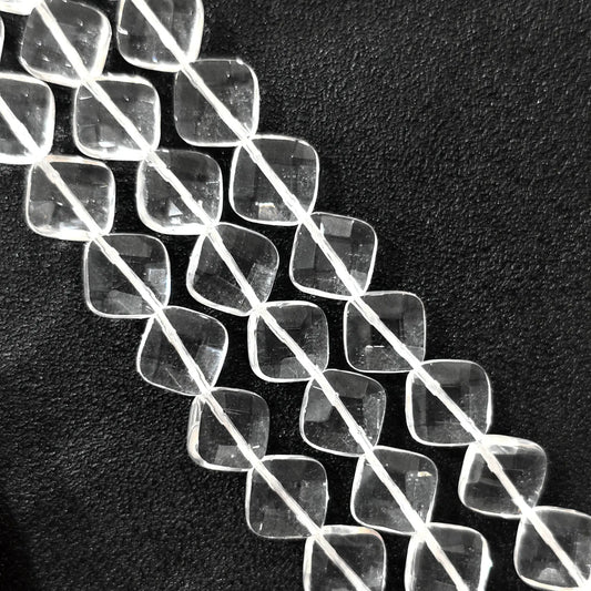 Strand of B-grade natural clear quartz faceted diamond flat rhombus beads 14mm