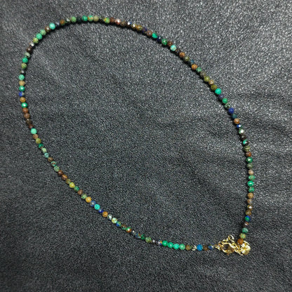Natural faceted azurite malachite necklace with 3mm beads and gold extension chain layout