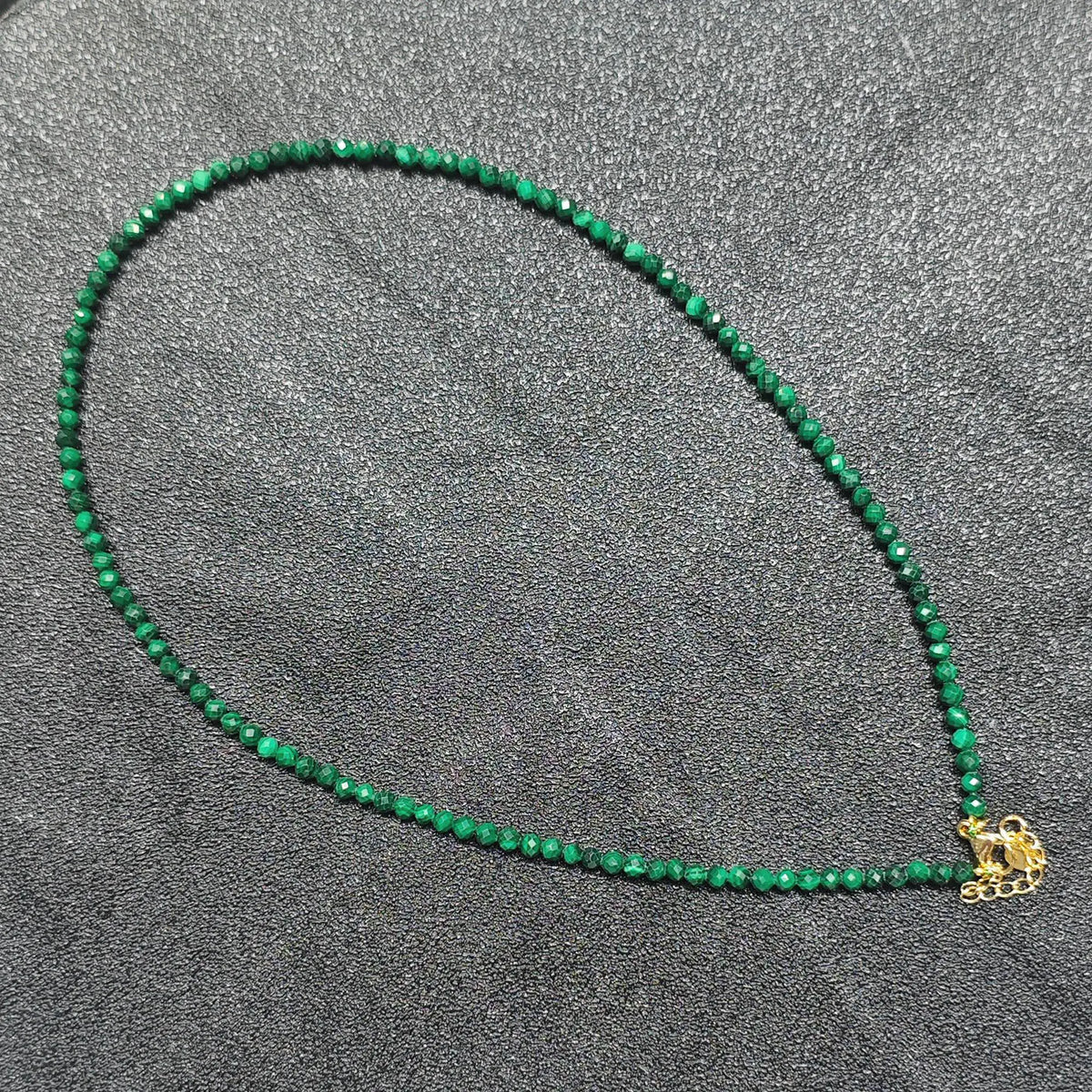 Natural faceted malachite gemstone necklace with 3mm beads and gold extension chain layout for small wholesale