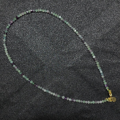 Natural faceted rainbow fluorite necklace with 3mm micro beads and gold extension chain layout