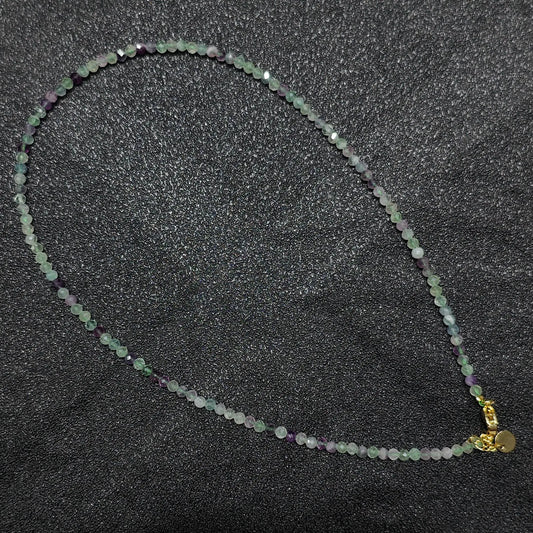 Natural faceted rainbow fluorite necklace with 3mm micro beads and gold extension chain layout