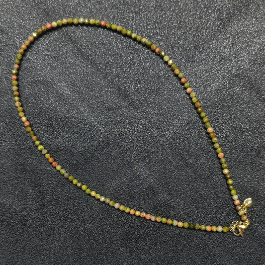 Natural faceted unakite gemstone necklace with 3mm beads and gold extension chain layout for small wholesale