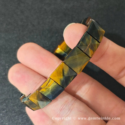 side profile view of machine polished yellow blue tigers eye square pyramid bead bracelet