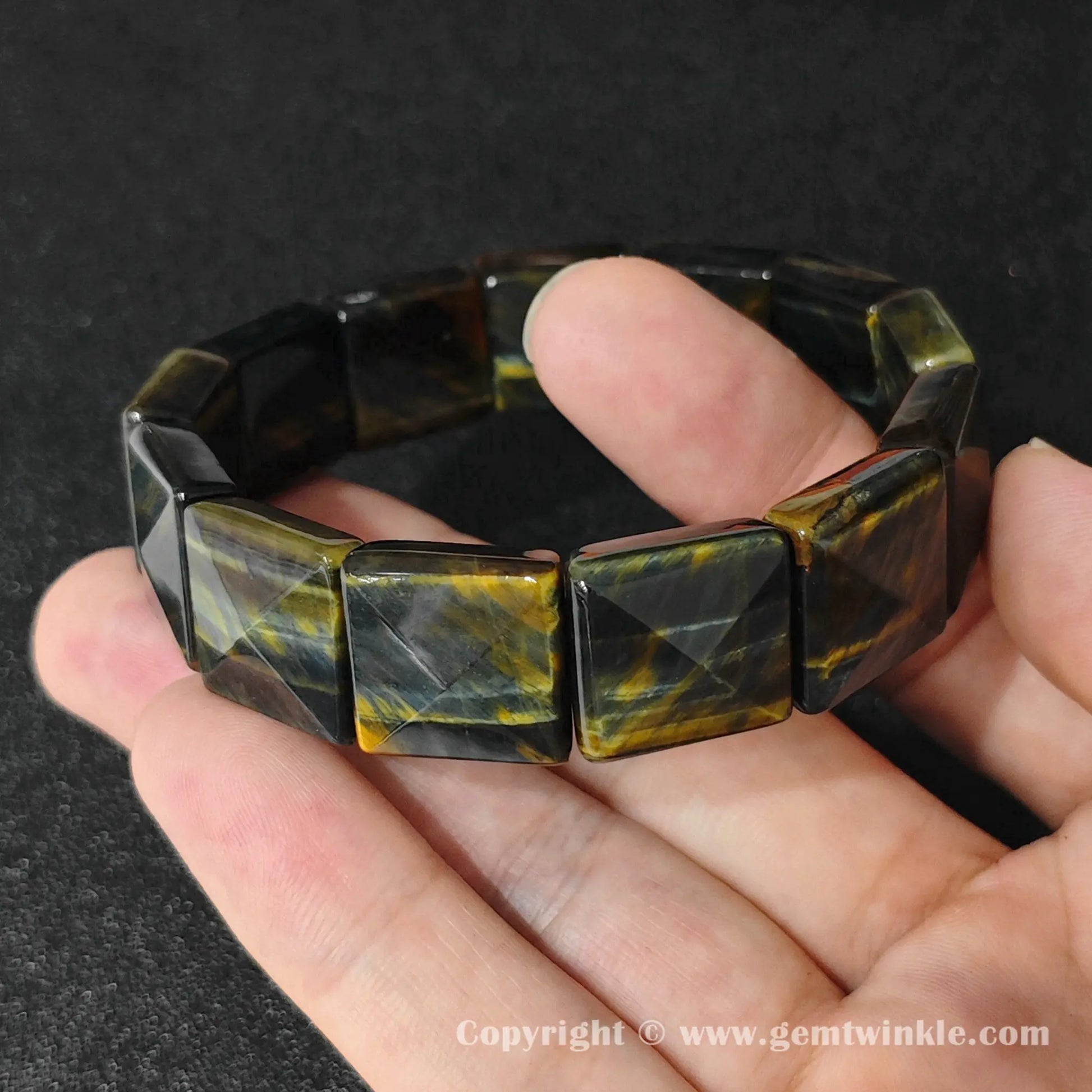 side profile view of machine polished yellow blue tigers eye square pyramid plate bracelet