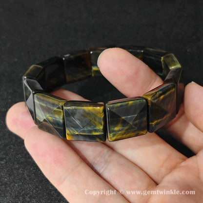 side profile view of machine polished yellow blue tigers eye square pyramid plate bracelet