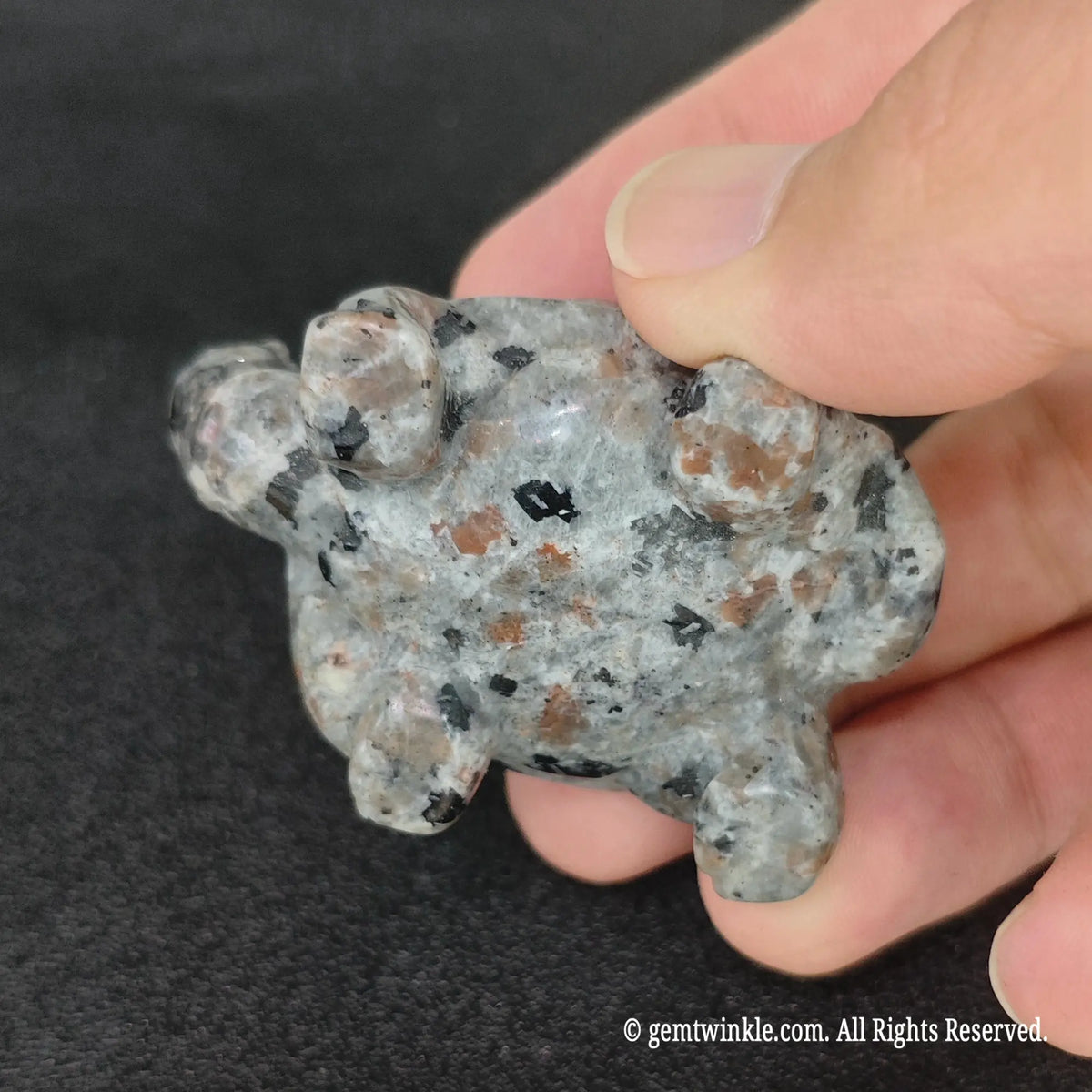 Side view of a flame stone turtle carved figurine resting in hand showing detailed carved shell structure